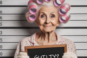 Old lady holding a sign saying guilty?